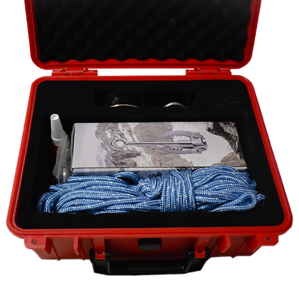 Powerful Fishing magnet Kit with case open displaying the Magnet, Grappling hook and Rope